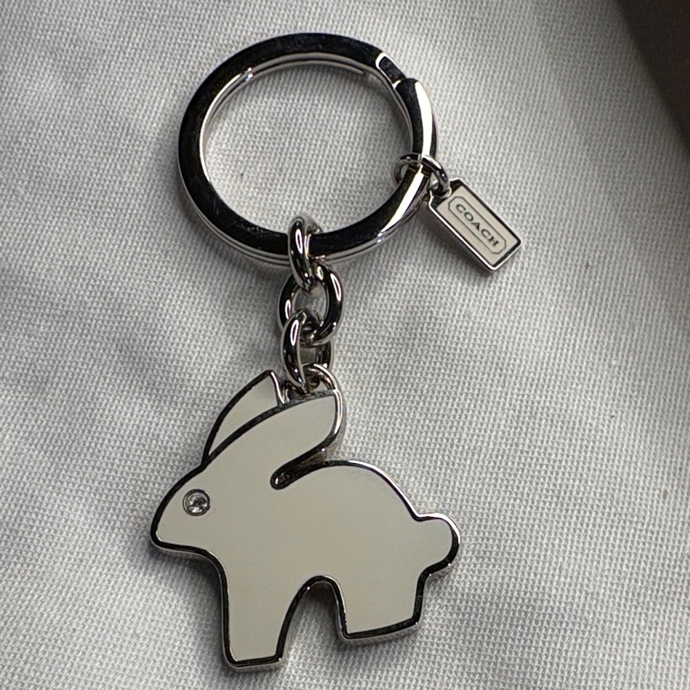 COACH White Bunny Keyring with Silver Hardware